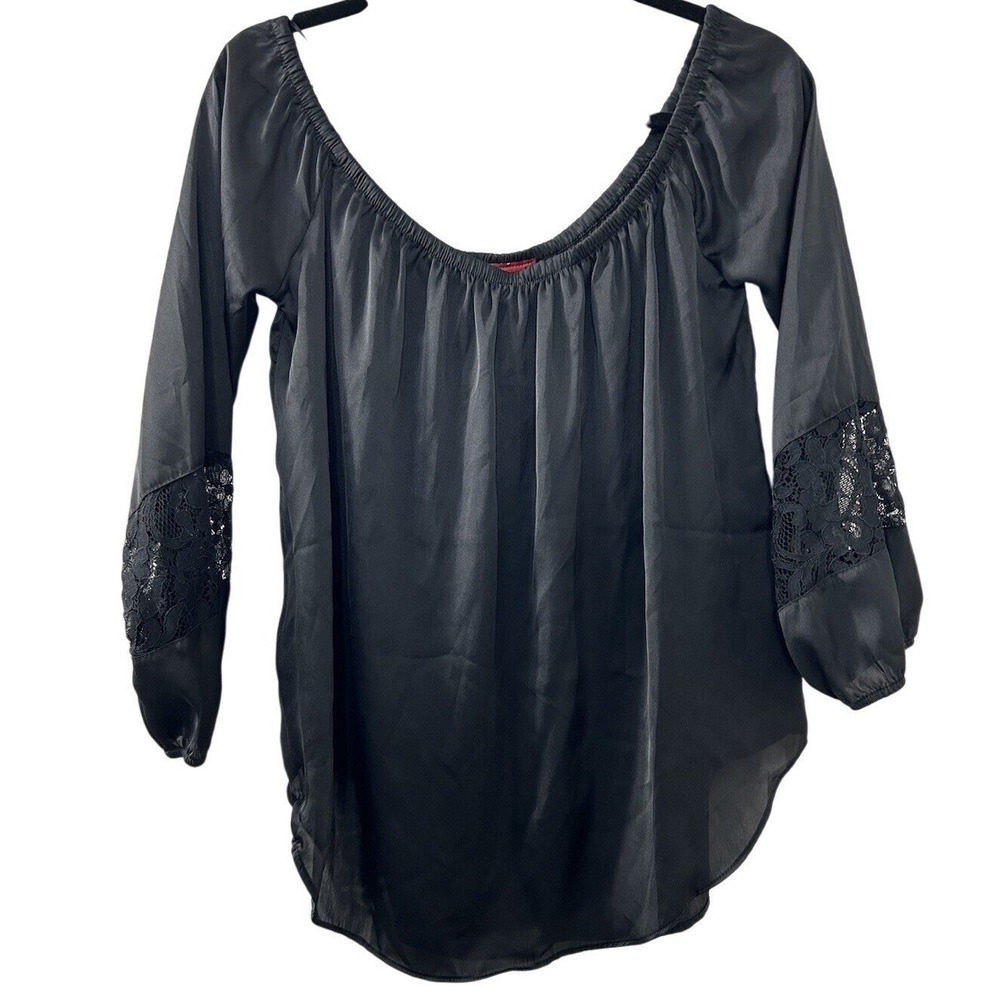 Panhandle Satin Peasant Top L Black Lace Sleeve Off Shoulder Western Boho Goth